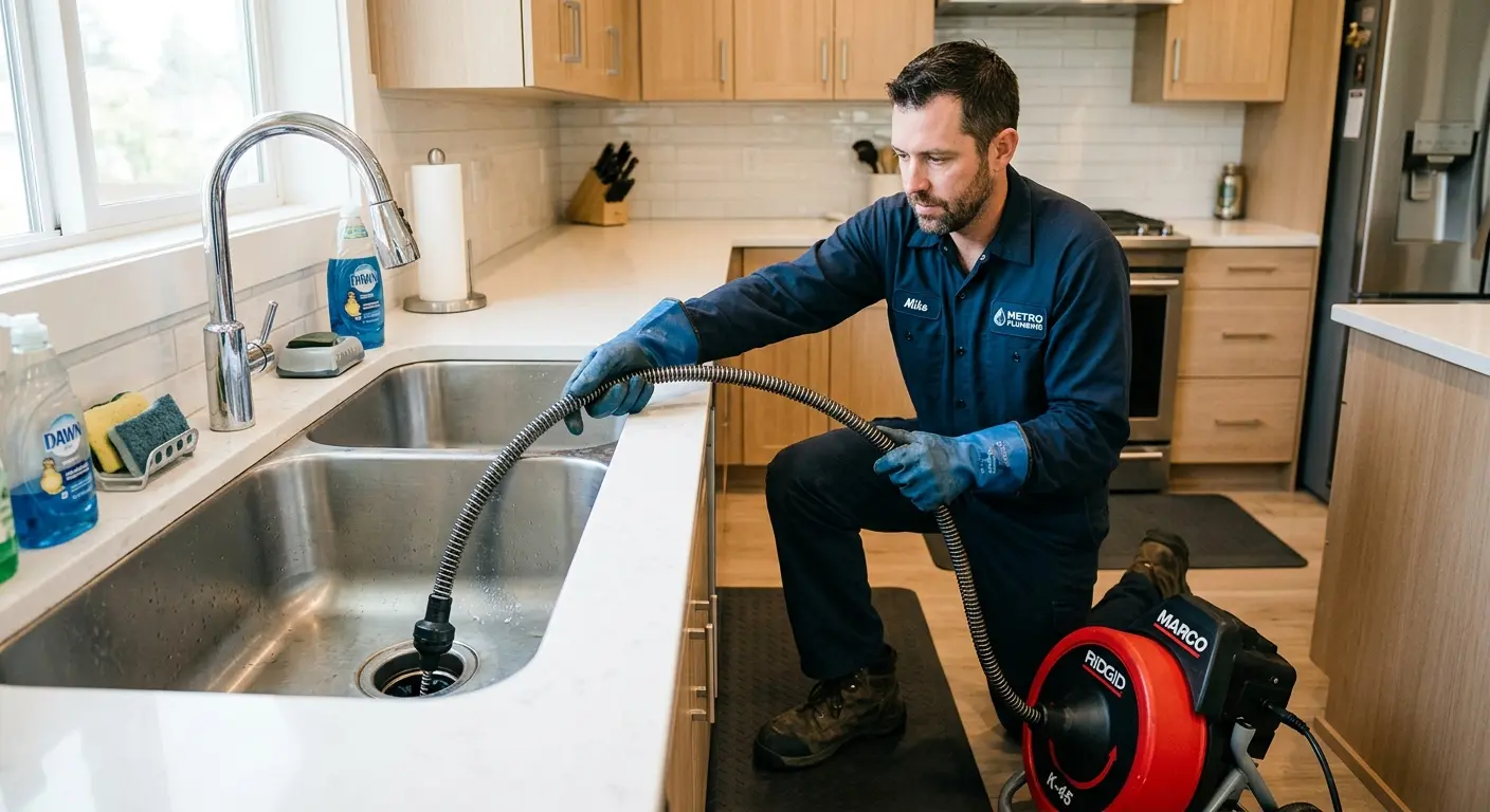 Drain cleaning technician using a motorized snake on a kitchen sink in Red Bluff