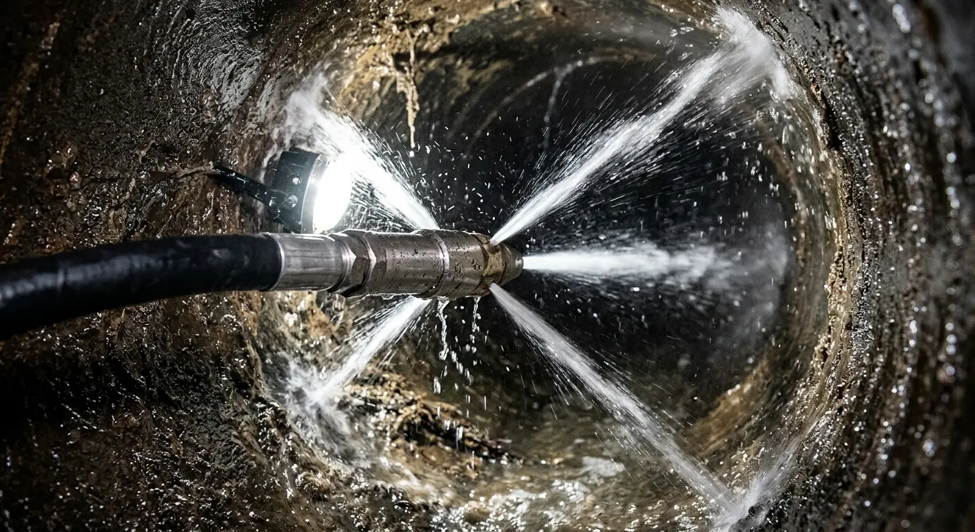 High-pressure hydro jetting nozzle cleaning sewer pipe for Sewer Cleanout in Red Bluff