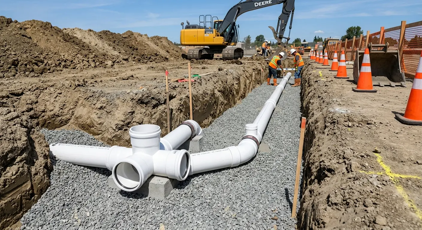 New PVC sewer pipe installation in open trench for Commercial Drain Cleaning in Red Bluff