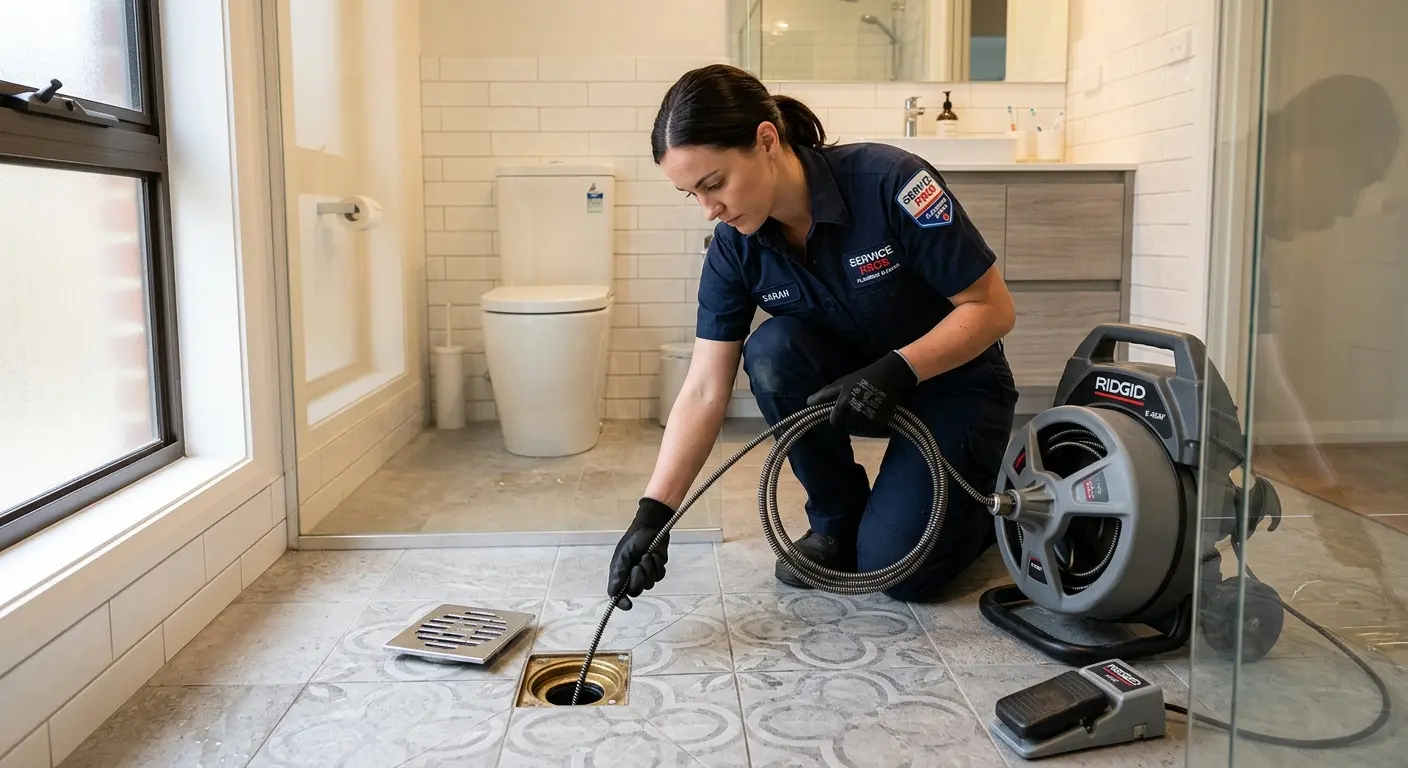Technician clearing a bathroom floor drain for Hydro Jetting in Red Bluff